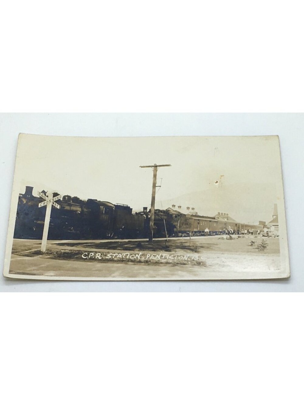 Canada Penticton  BC C.P.R Station Railway Crossing Locomotive RPPC Postcard